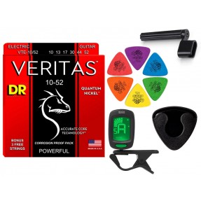 Struny DR VTE 10-52 do gitary elektrycznej w zestawie korbka + tuner + 6 kostek + pojemnik
