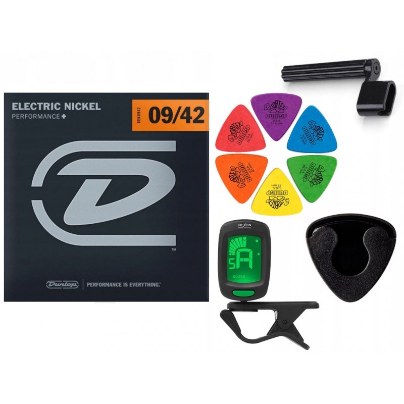 Struny Dunlop do gitary elektrycznej w zestawie korbka + tuner + 6 kostek + pojemnik Struny Dunlop do gitary elektrycznej w zestawie korbka + tuner + 6 kostek + pojemnik