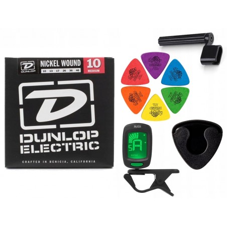 Struny Dunlop do gitary elektrycznej w zestawie korbka + tuner + 6 kostek + pojemnik