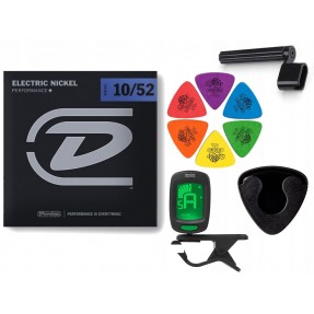 Struny Dunlop do gitary elektrycznej w zestawie korbka + tuner + 6 kostek + pojemnik