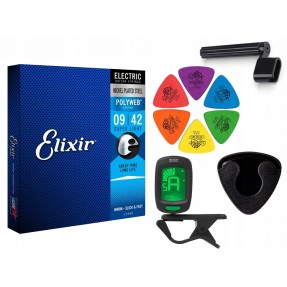 Struny Elixir 12000 do gitary elektrycznej w zestawie korbka + tuner + 6 kostek + pojemnik