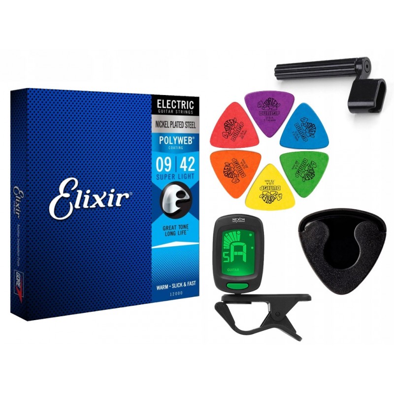 Struny Elixir 12000 do gitary elektrycznej w zestawie korbka + tuner + 6 kostek + pojemnik Struny Elixir 12000 do gitary elektrycznej w zestawie korbka + tuner + 6 kostek + pojemnik