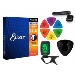 Struny Elixir 12002 do gitary elektrycznej w zestawie korbka + tuner + 6 kostek + pojemnik