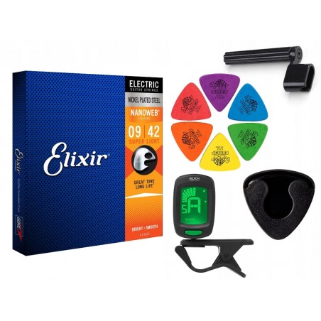 Struny Elixir 12002 do gitary elektrycznej w zestawie korbka + tuner + 6 kostek + pojemnik