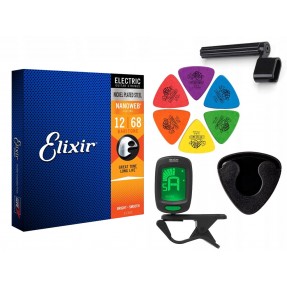 Struny Elixir 12302 do gitary elektrycznej w zestawie korbka + tuner + 6 kostek + pojemnik
