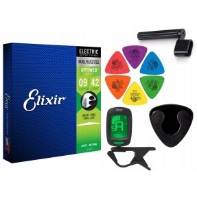 Struny Elixir 19002 do gitary elektrycznej w zestawie korbka + tuner + 6 kostek + pojemnik