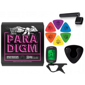 Struny Ernie Ball 2023 do gitary elektrycznej w zestawie korbka + tuner + 6 kostek + pojemnik