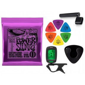 Struny Ernie Ball 2220 do gitary elektrycznej w zestawie korbka + tuner + 6 kostek + pojemnik