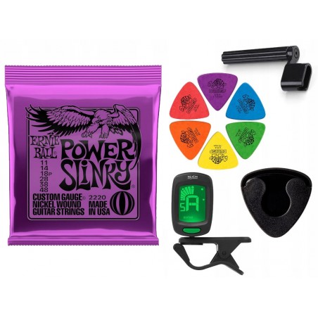 Struny Ernie Ball 2220 do gitary elektrycznej w zestawie korbka + tuner + 6 kostek + pojemnik