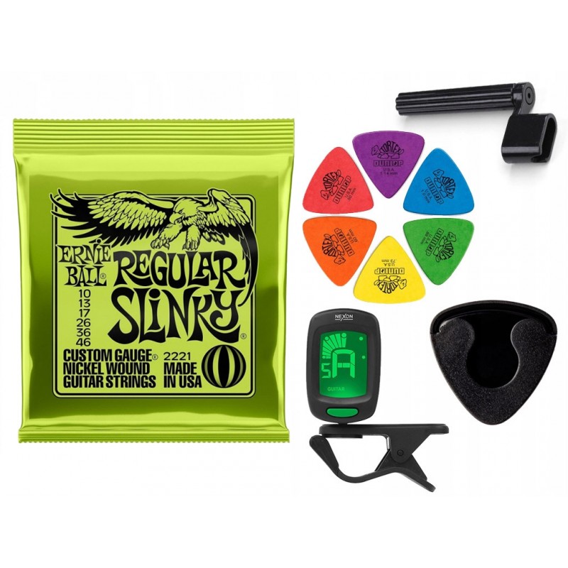 Struny Ernie Ball 2221 do gitary elektrycznej w zestawie korbka + tuner + 6 kostek + pojemnik Struny Ernie Ball 2221 do gitary elektrycznej w zestawie korbka + tuner + 6 kostek + pojemnik