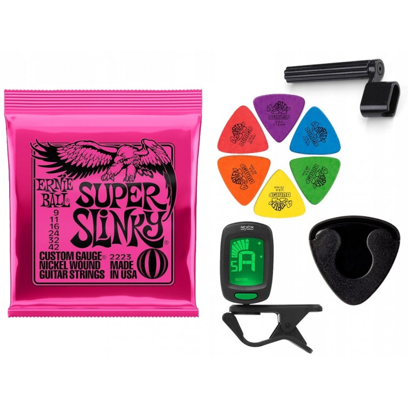 Struny Ernie Ball 2223 do gitary elektrycznej w zestawie korbka + tuner + 6 kostek + pojemnik Struny Ernie Ball 2223 do gitary elektrycznej w zestawie korbka + tuner + 6 kostek + pojemnik