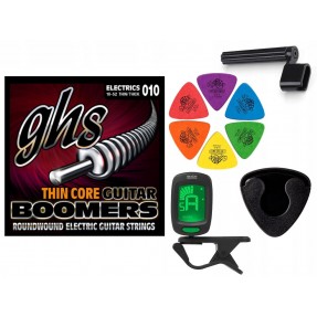 Struny GHS TC-GBTNT do gitary elektrycznej w zestawie korbka + tuner + 6 kostek + pojemnik