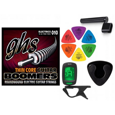 Struny GHS TC-GBTNT do gitary elektrycznej w zestawie korbka + tuner + 6 kostek + pojemnik