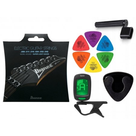 Struny Ibanez IEGS6 do gitary elektrycznej w zestawie korbka + tuner + 6 kostek + pojemnik