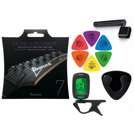 Struny Ibanez IEGS71 do gitary elektrycznej w zestawie korbka + tuner + 6 kostek + pojemnik