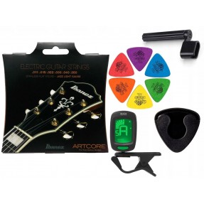 Struny Ibanez IFAS6SL do gitary elektrycznej w zestawie korbka + tuner + 6 kostek + pojemnik