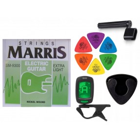 Struny Marris SM-9300 do gitary elektrycznej w zestawie korbka + tuner + 6 kostek + pojemnik