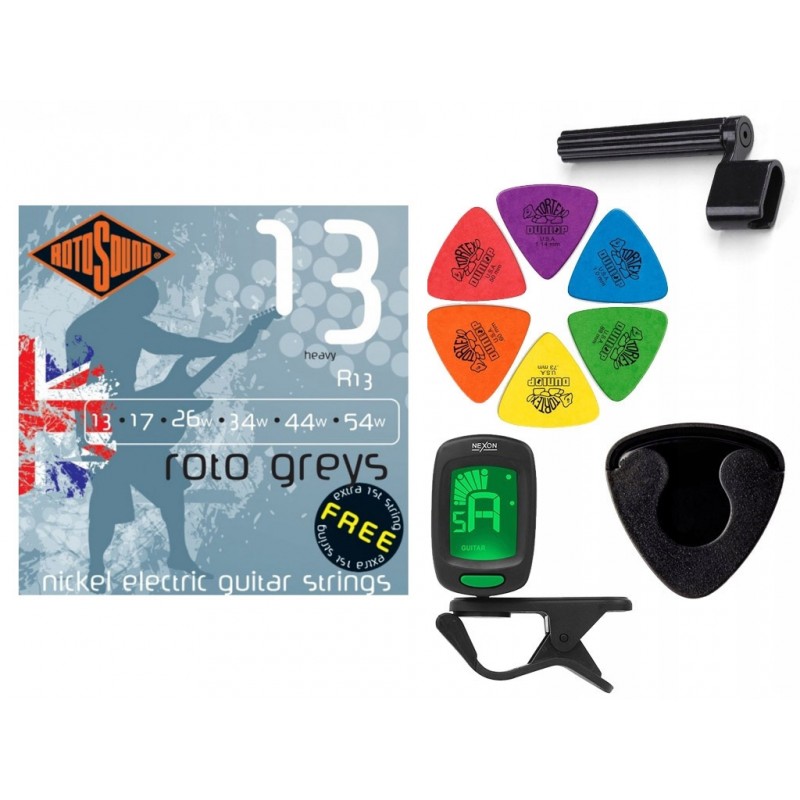 Struny Rotosound R13 do gitary elektrycznej w zestawie korbka + tuner + 6 kostek + pojemnik