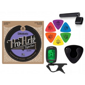 Struny D'Addario EJ44 do gitary klasycznej w zestawie korbka + tuner + 6 kostek + pojemnik