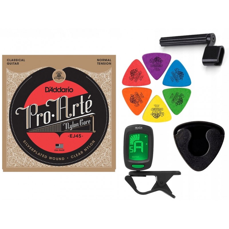 Struny D'Addario EJ45 do gitary klasycznej w zestawie korbka + tuner + 6 kostek + pojemnik Struny D'Addario EJ45 do gitary klasycznej w zestawie korbka + tuner + 6 kostek + pojemnik