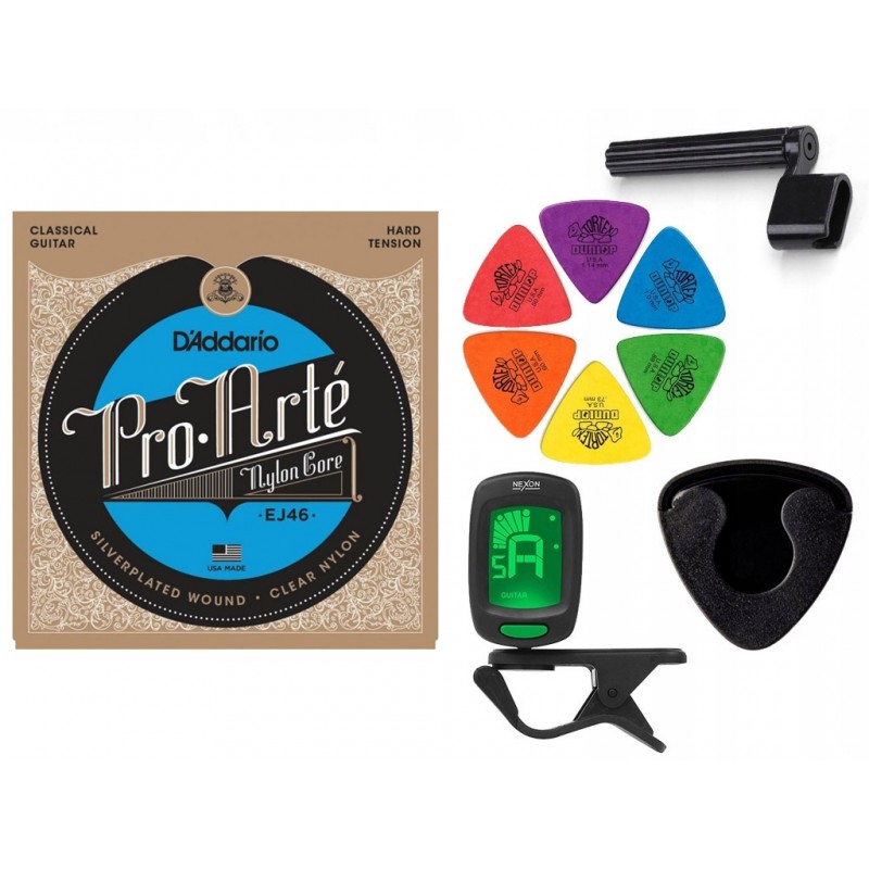 Struny D'Addario EJ46 do gitary klasycznej w zestawie korbka + tuner + 6 kostek + pojemnik Struny D'Addario EJ46 do gitary klasycznej w zestawie korbka + tuner + 6 kostek + pojemnik