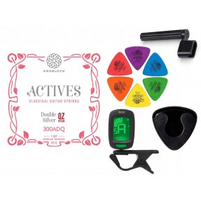 Struny Knobloch 300ADQ do gitary klasycznej w zestawie korbka + tuner + 6 kostek + pojemnik