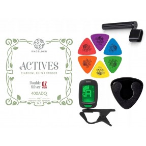 Struny Knobloch 400ADQ do gitary klasycznej w zestawie korbka + tuner + 6 kostek + pojemnik