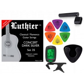 Struny Luthier LU35 do gitary klasycznej w zestawie korbka + tuner + 6 kostek + pojemnik