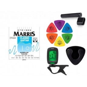 Struny Marris SM-10H do gitary klasycznej w zestawie korbka + tuner + 6 kostek + pojemnik