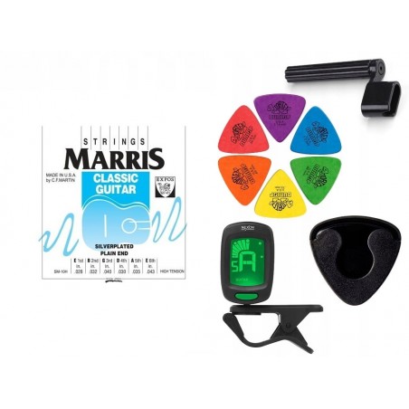 Struny Marris SM-10H do gitary klasycznej w zestawie korbka + tuner + 6 kostek + pojemnik
