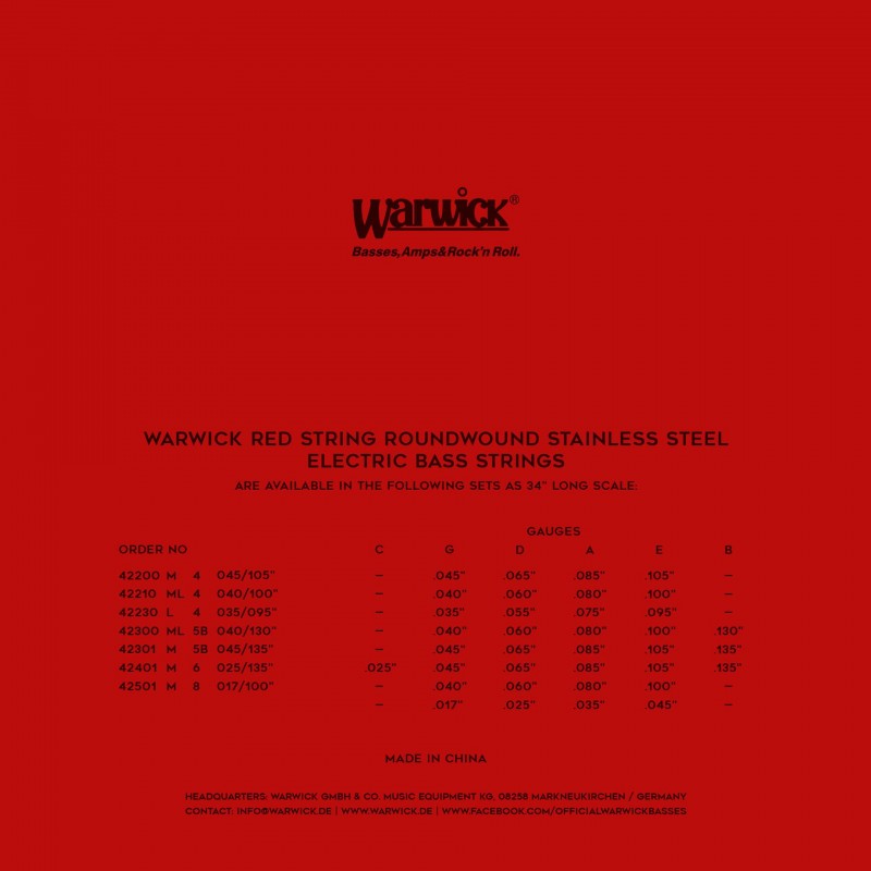 Warwick Red Strings Bass String Set, Stainless Steel - 5-String, Medium, .045-.135 Struny do basu - 2 - Struny basowe - Warwick 