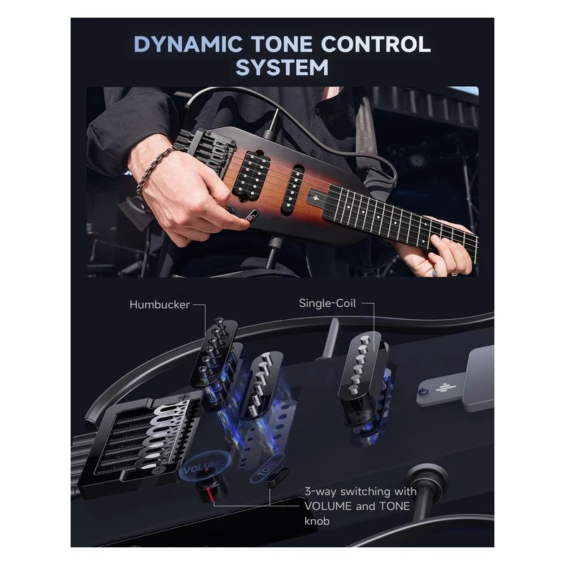 Donner HUSH-X PRO Sunburst Gitara elektryczna EC6807 - 10 - Gitary elektryczne - Gitara elektryczna Donner HUSH-X to przenośna k