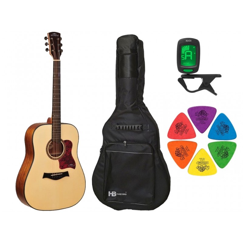 Gitara akustyczna Arsnova AN-700 + pokrowiec + tuner + kostki w zestawie