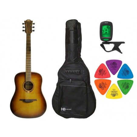 Gitara akustyczna LAG T118D-BRS + pokrowiec + tuner + kostki w zestawie