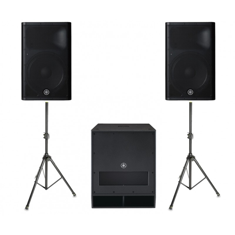 Zestaw nagłośnieniowy Yamaha, 2x kolumna DXR15mkII, 1x subwoofer DXS18 SUB, 2x statyw, 2x kabel